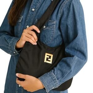 Fendi Vintage Black Nylon Hobo Shoulder Bag Gold FF Logo